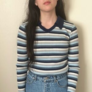 Vintage 70's Blue Striped Ribbed Collared Long Sleeve Size Medium